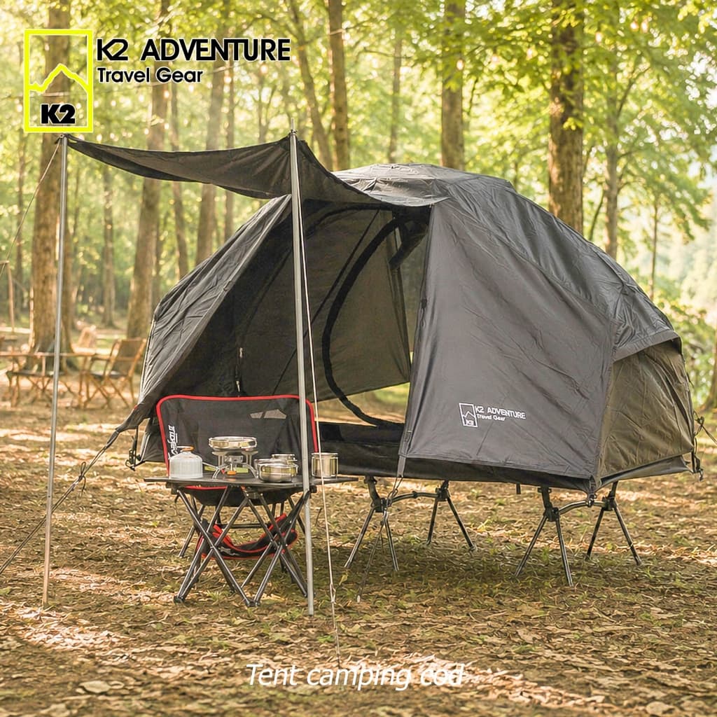 เต็นท์ COT สีดำ 1 คน และเตียงสนาม  K2 ADVENTURE น้ำหนักเบา กันฝนกันลม ใส่ปี๊บข้างปี๊บหลังได้ ฯลฯ